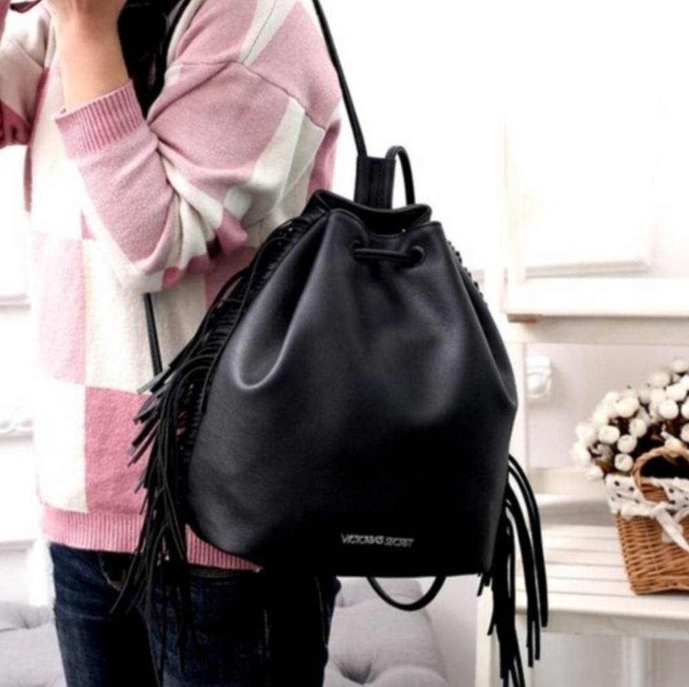 Victoria's Secret VS Black Faux Leather Western Boho Fringe Backpack NWT